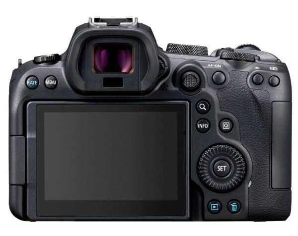 Back of the Canon EOS R6 Mark II displaying the vari-angle LCD screen and button layout.