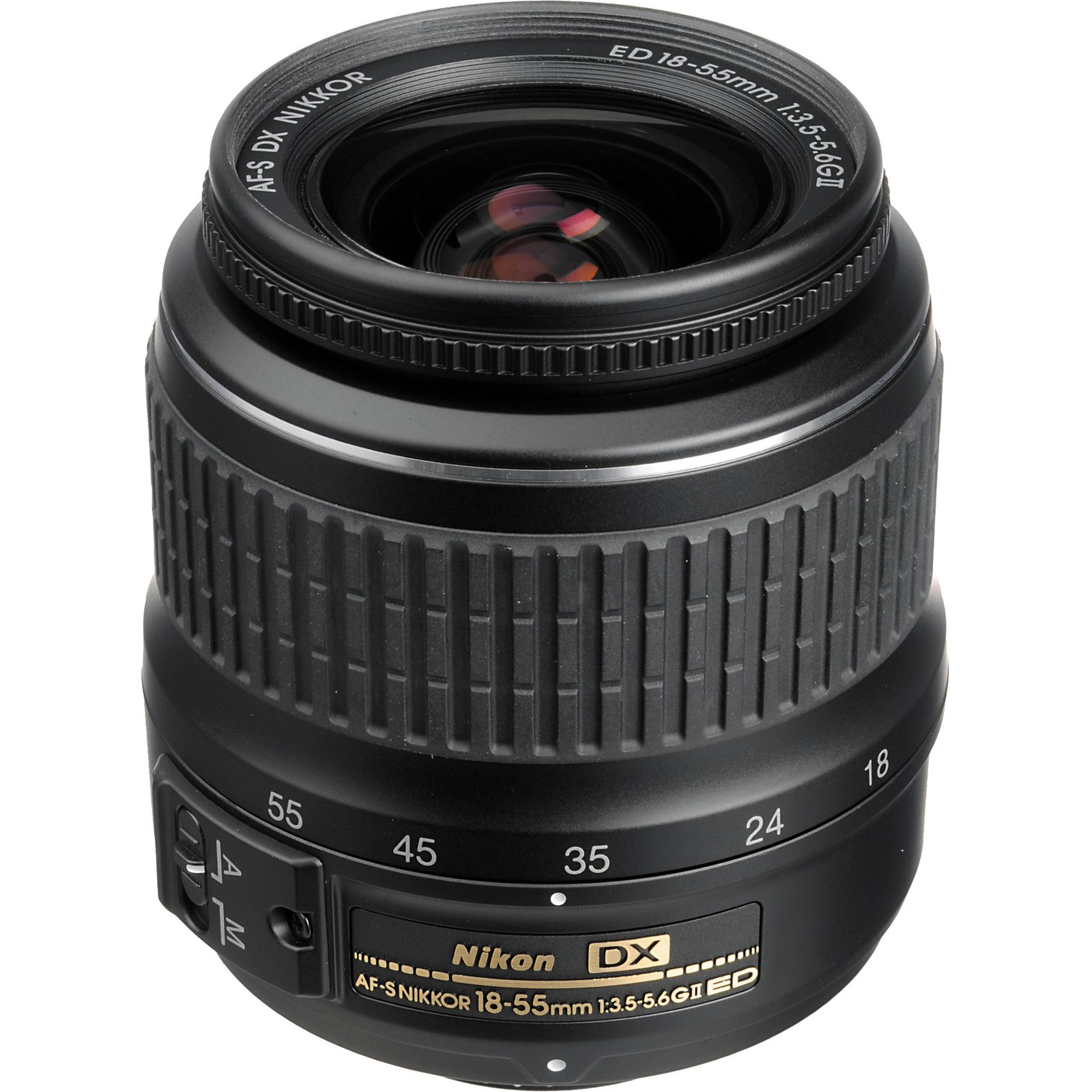 Side profile of the Nikon AF-S DX 18-55mm ED II showing the control rings and switches
