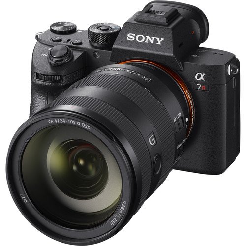 Side profile of the Sony FE 24-105mm f/4 G showing the control rings and switches