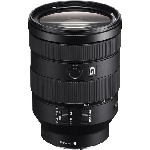 Side profile of the Sony FE 24-105mm f/4 G showing the control rings and switches