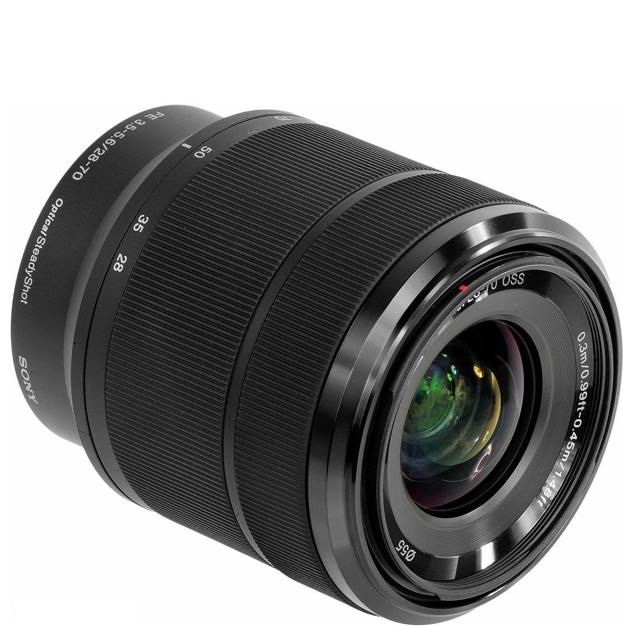 Close-up of the front element and coatings of the Sony FE 28-70mm OSS
