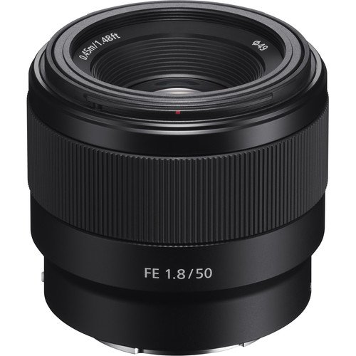 Side profile of the Sony FE 50mm f/1.8 showing the focus ring and switches