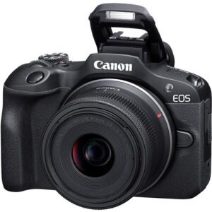 The lightweight Canon EOS R100 with 18-45mm lens on a white background.