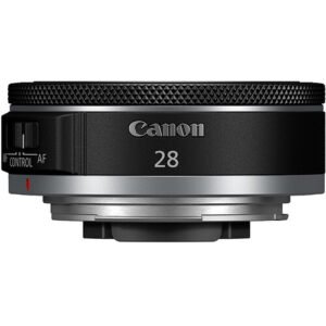 Side profile of the Canon RF 28mm f/2.8 STM lens to illustrate its slim design.