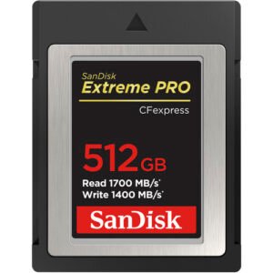 A close-up of the SanDisk 512GB Extreme PRO CFexpress Type B card
