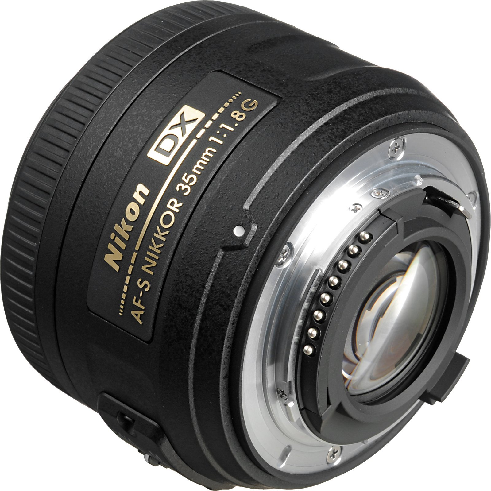 Rear lens mount and electronic contacts of the Nikon 35mm f/1.8G DX