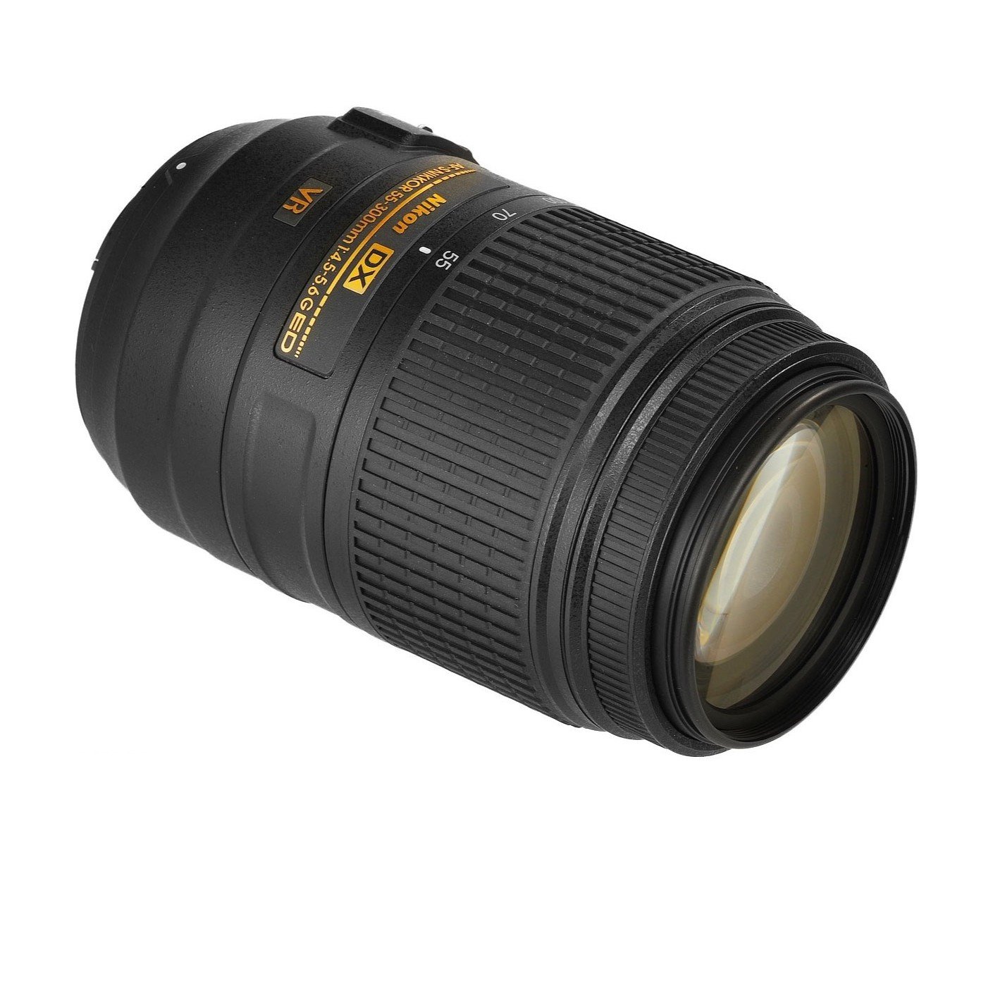 Close-up of the front element and coatings of the Nikon 55-300mm VR