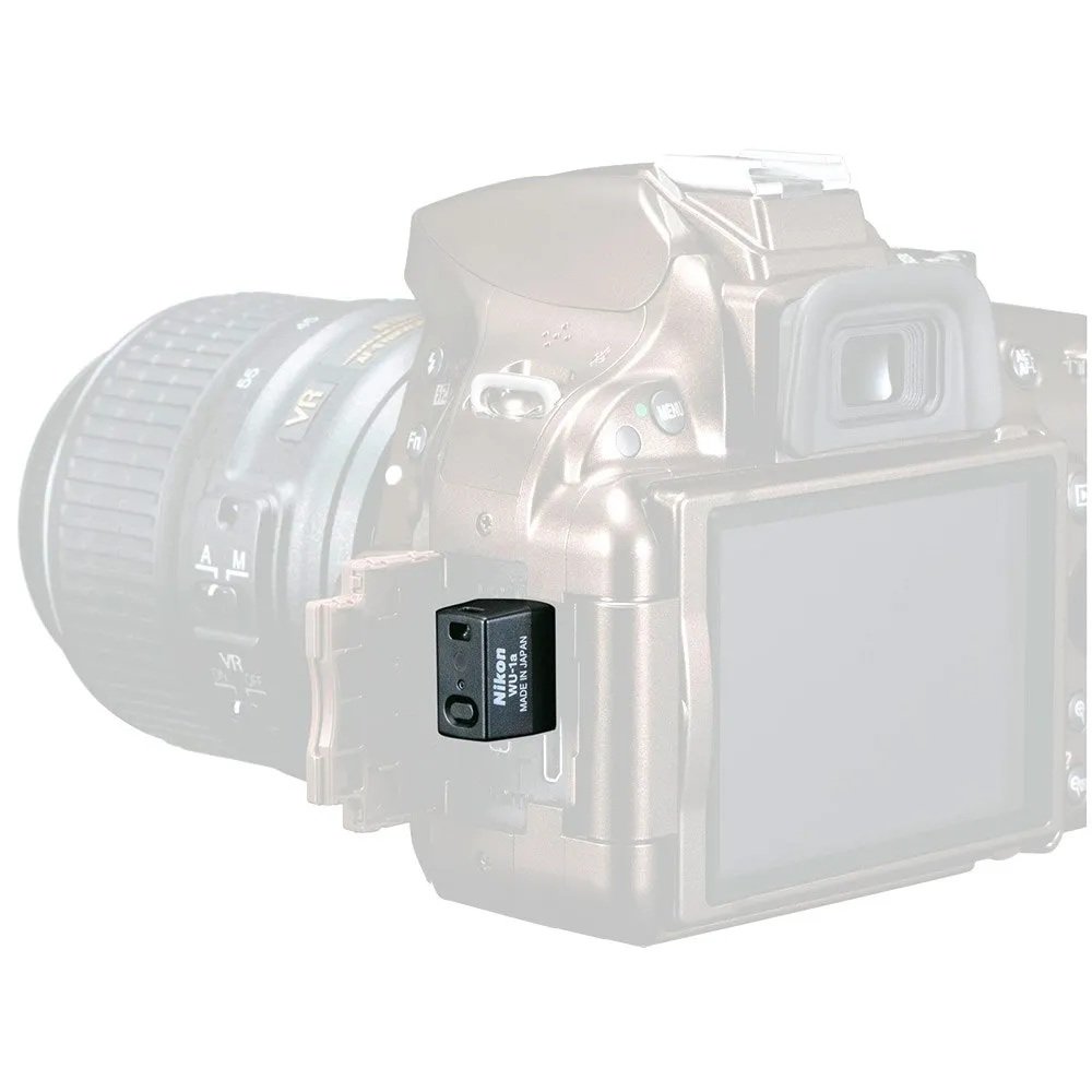 Nikon WU-1a adapter plugged into the side terminal port of a compatible DSLR camera in Beirut.