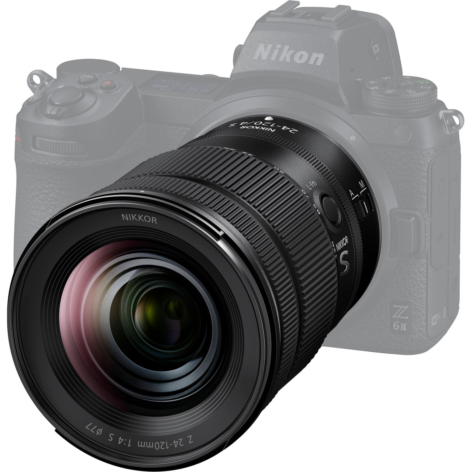 Side profile of the Nikon Z 24-120mm f/4 S showing the control rings and switches