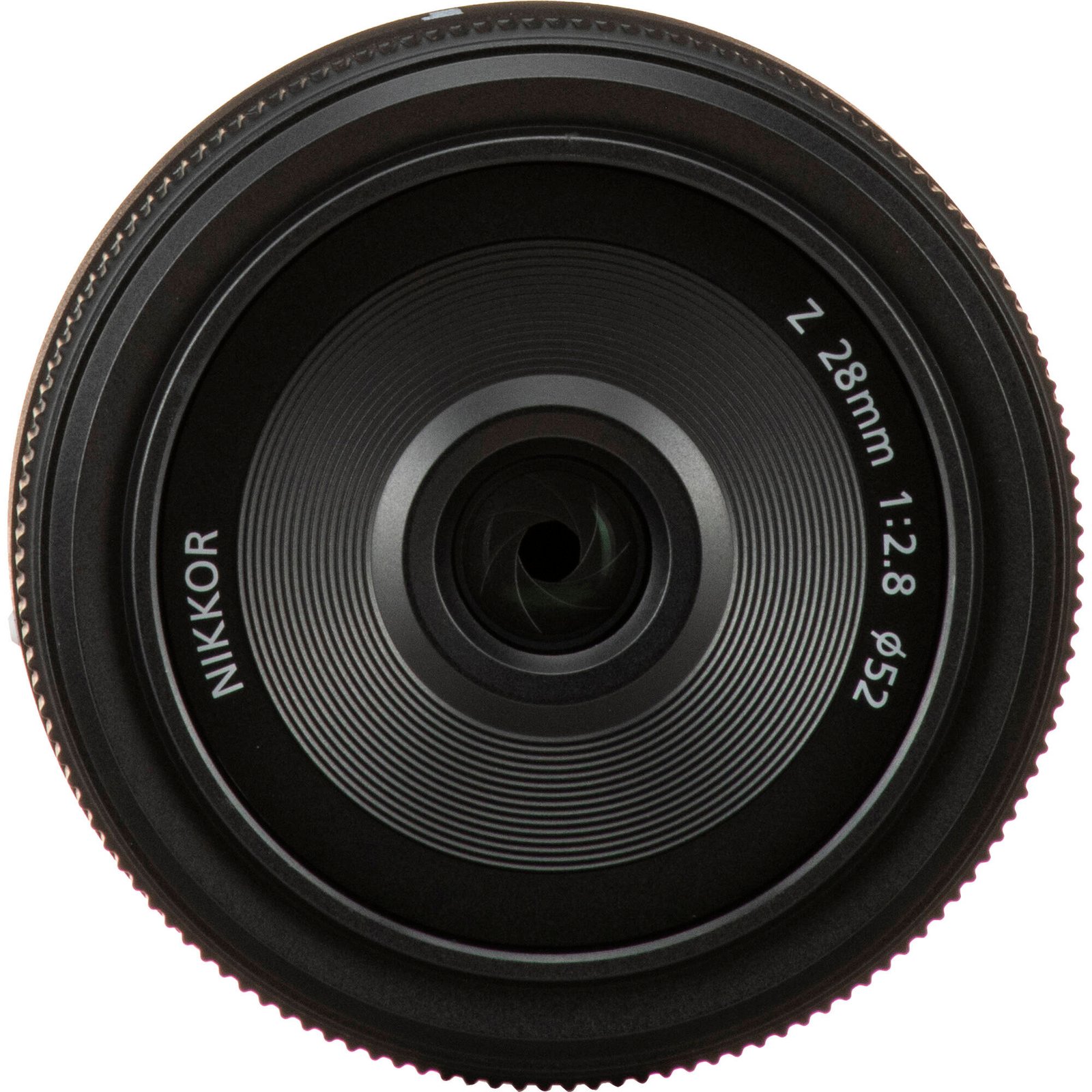 Close-up of the front element and coatings of the Nikon Z 28mm f/2.8