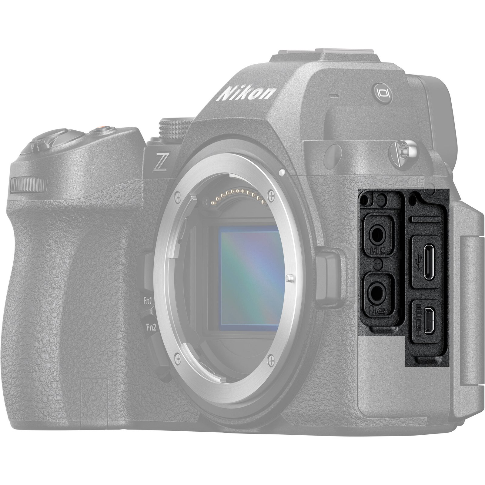 Side connection ports of the Nikon Z5 II kit with covers open