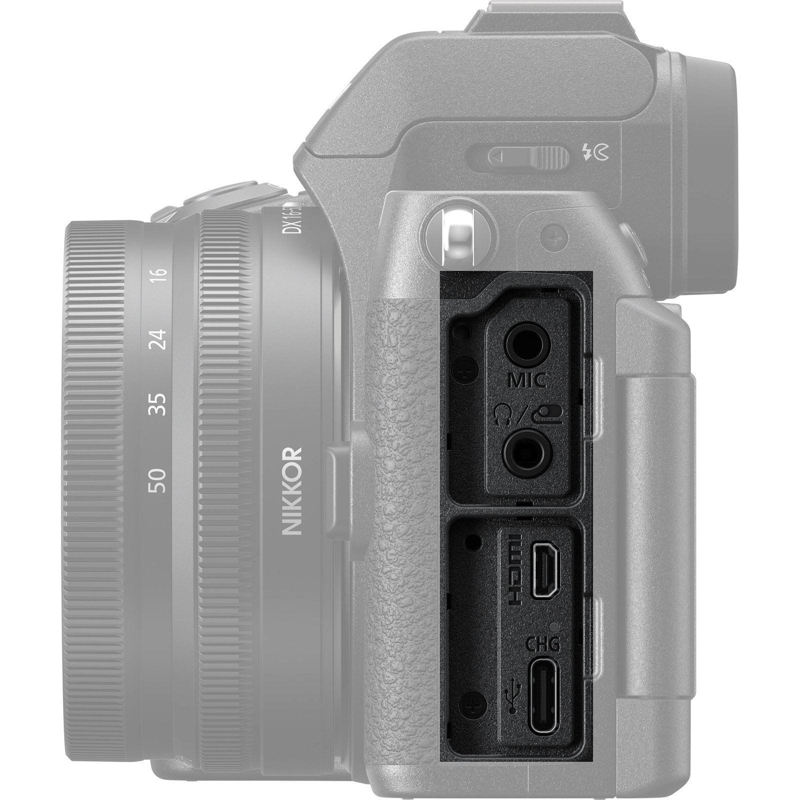 Side connection ports of the Nikon Z50 II with covers open