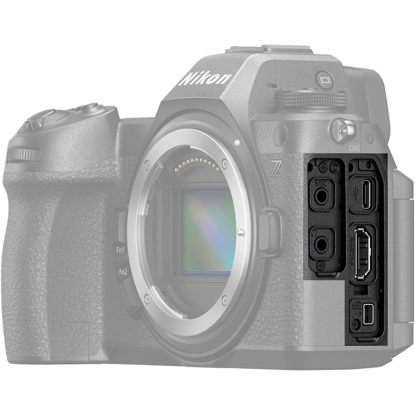 Side connection ports of the Nikon Z6 III with covers open