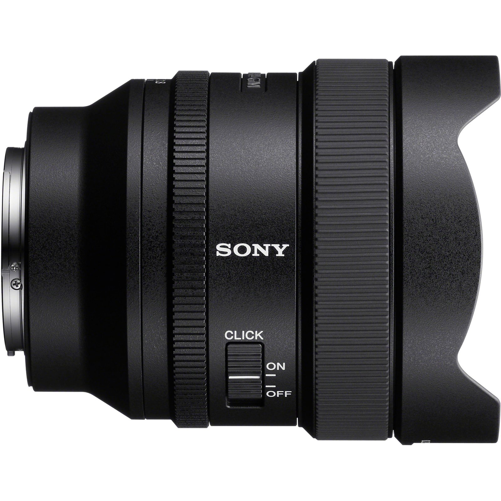 Side profile of the Sony FE 14mm f/1.8 GM showing the focus ring and switches