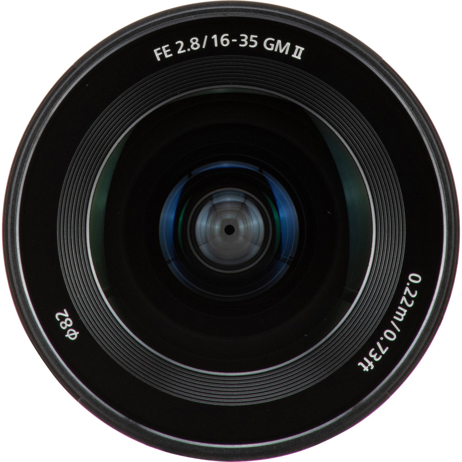 Close-up of the front element and coatings of the Sony FE 16-35mm f/2.8 GM II
