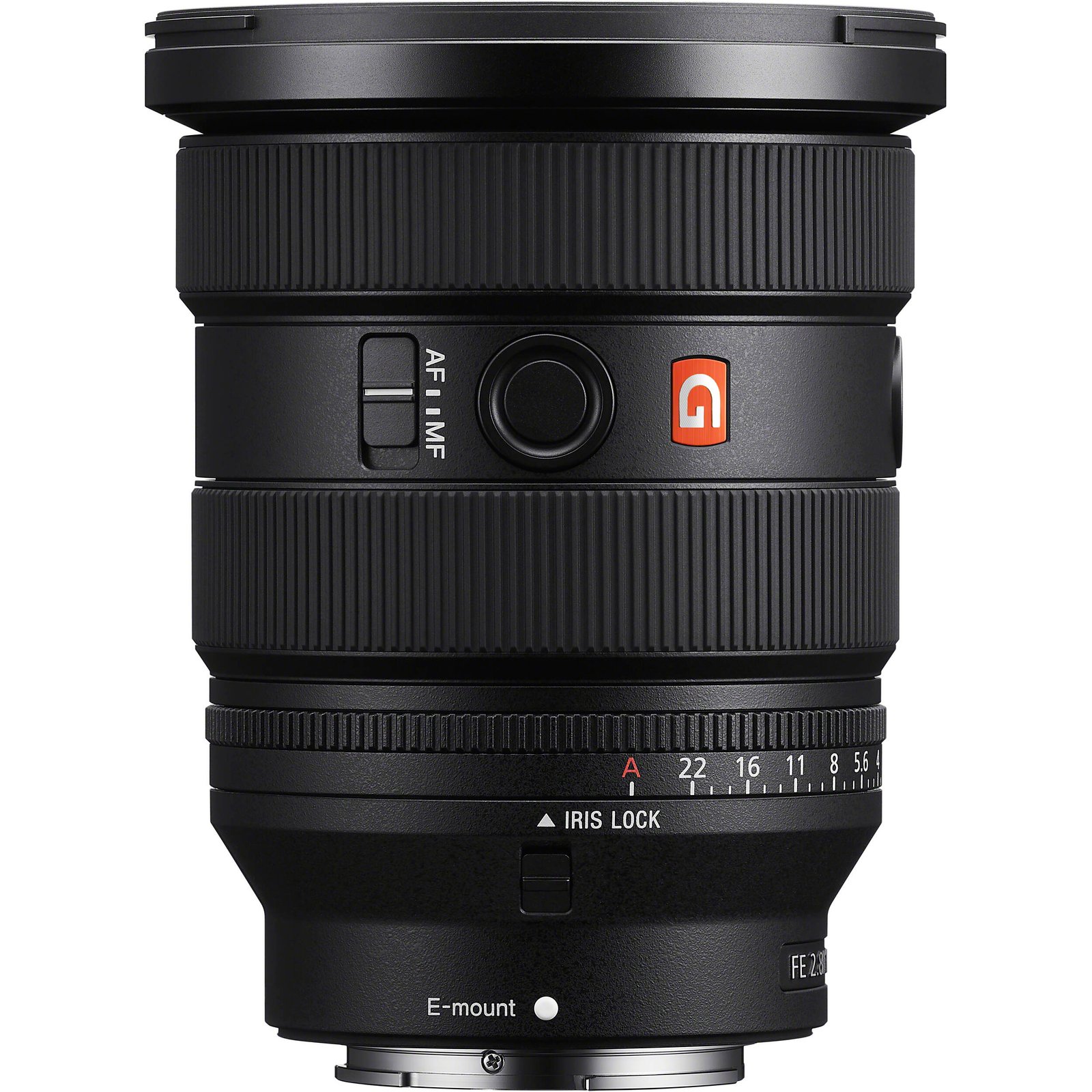 Side profile of the Sony FE 16-35mm f/2.8 GM II showing the control rings and switches