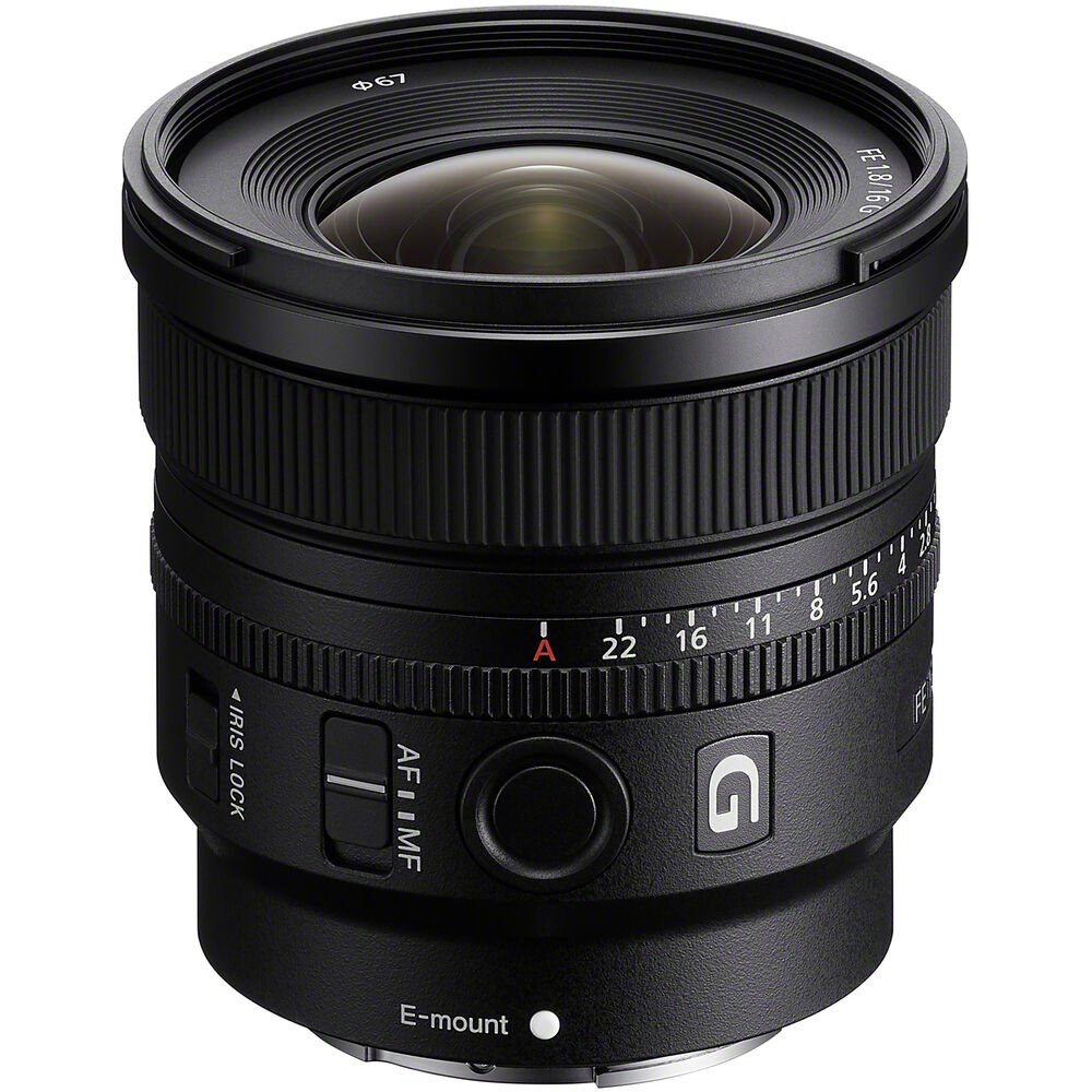 Close-up of the front element and coatings of the Sony FE 16mm f/1.8 G