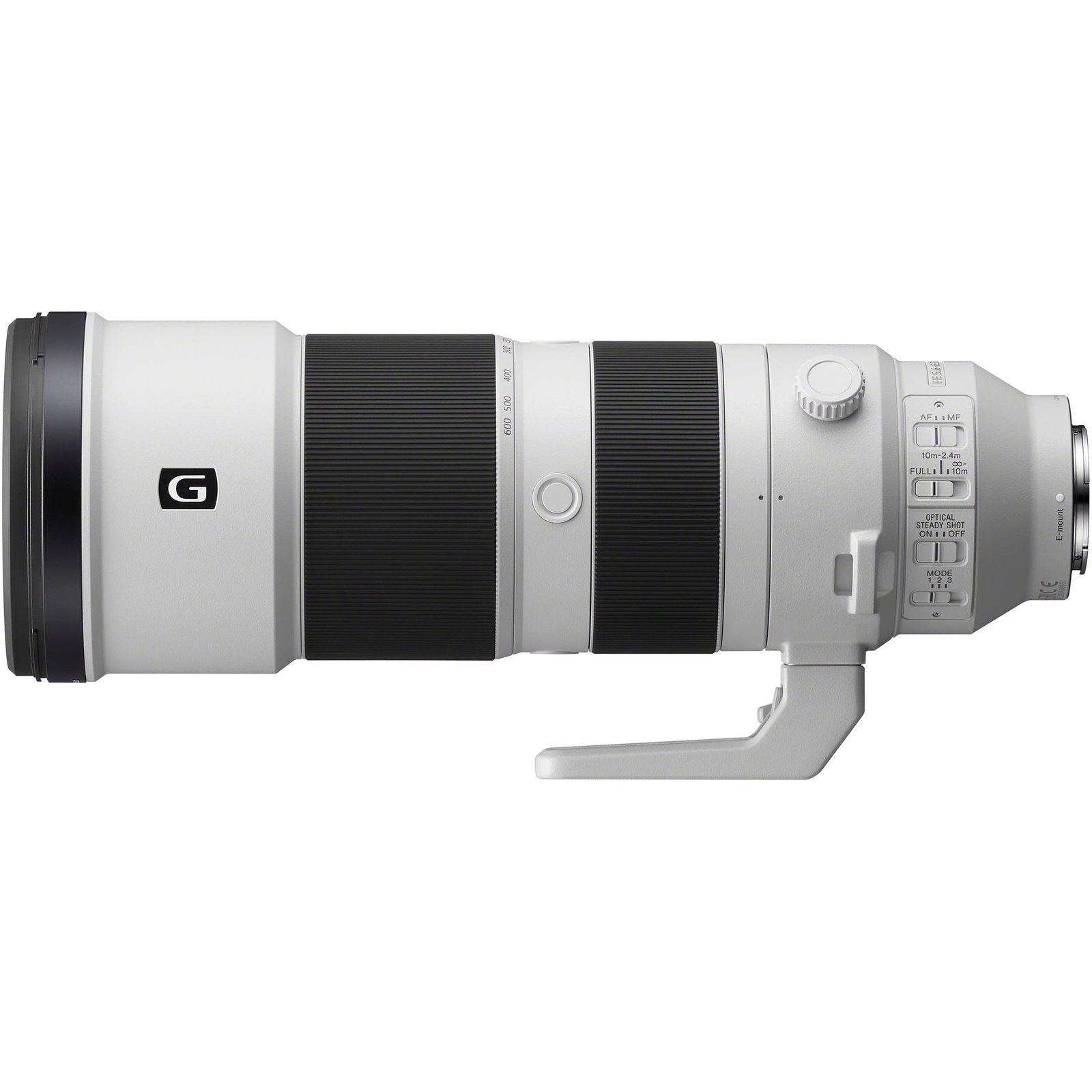 Side profile of the Sony FE 200-600mm G showing the control rings and switches