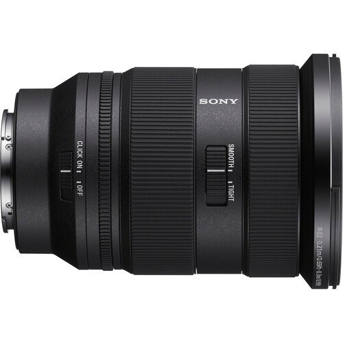 Side profile of the Sony FE 24-70mm f/2.8 GM II showing the control rings and switches
