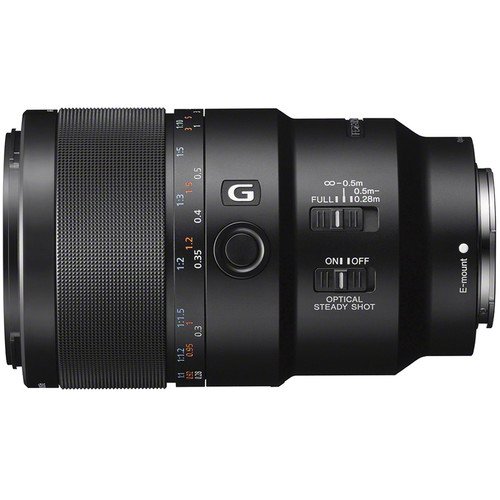 Side profile of the Sony FE 90mm Macro G showing the focus ring and switches