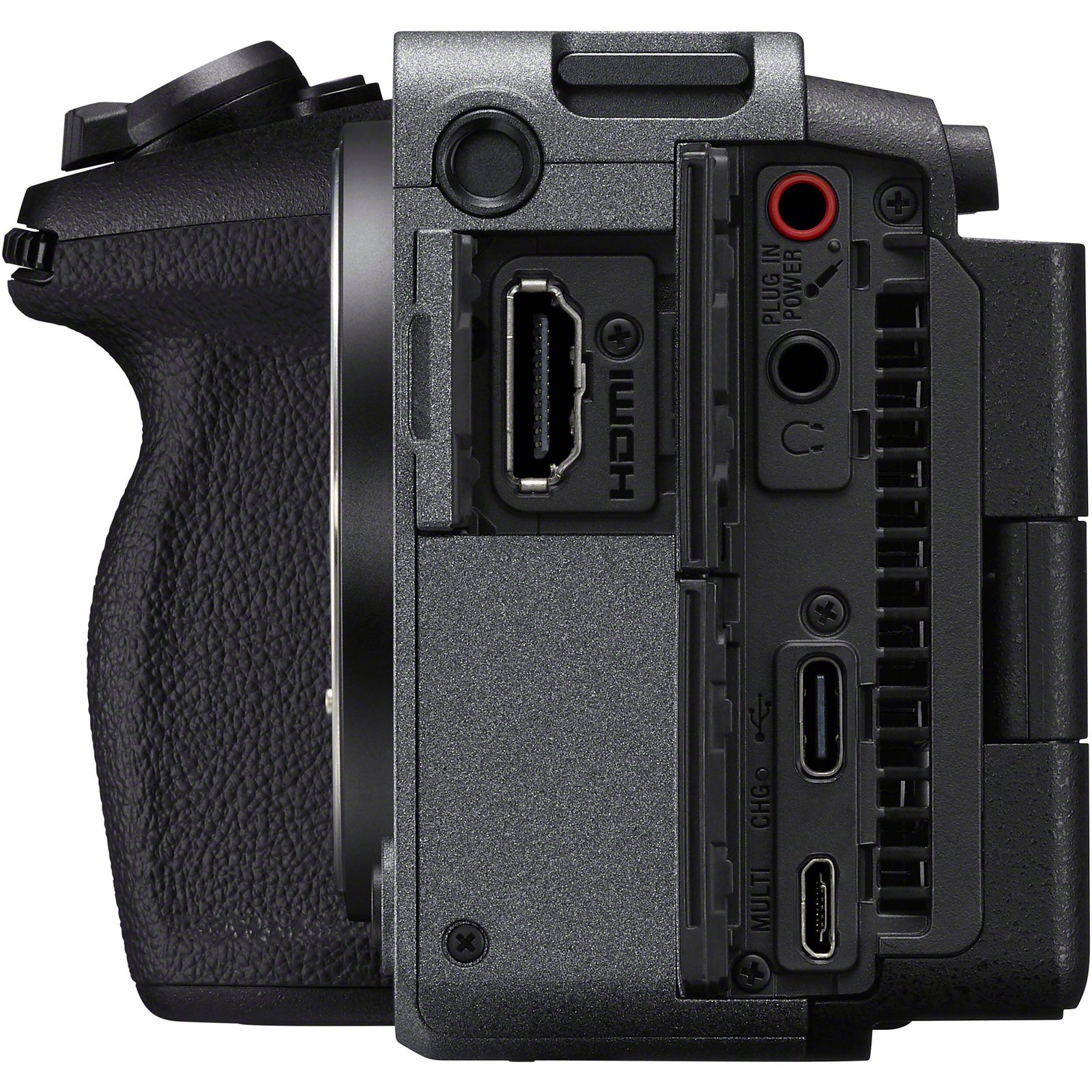 Side connection ports of the Sony FX30 with covers open