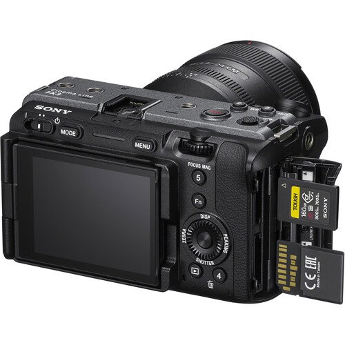 Side connection ports of the Sony FX3A with covers open