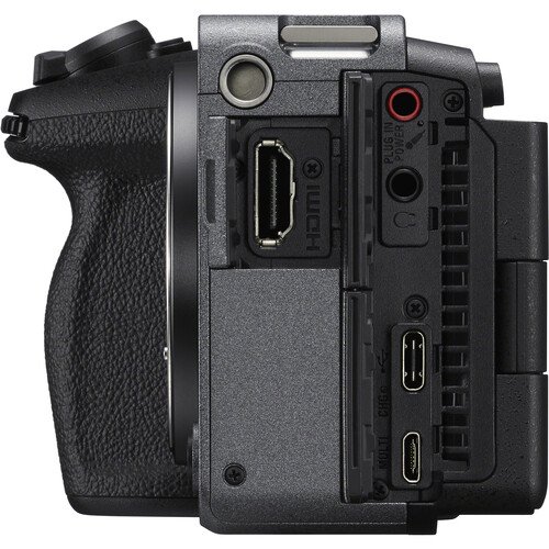 Side connection ports of the Sony FX3A with covers open