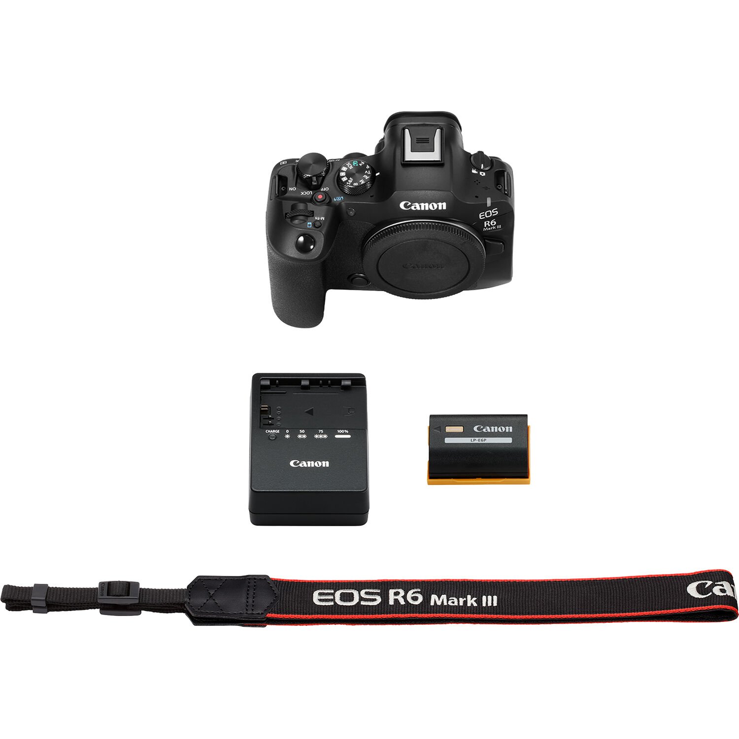 Everything included in the box with the Canon EOS R6 Mark III Mirrorless Camera, laid out on a table