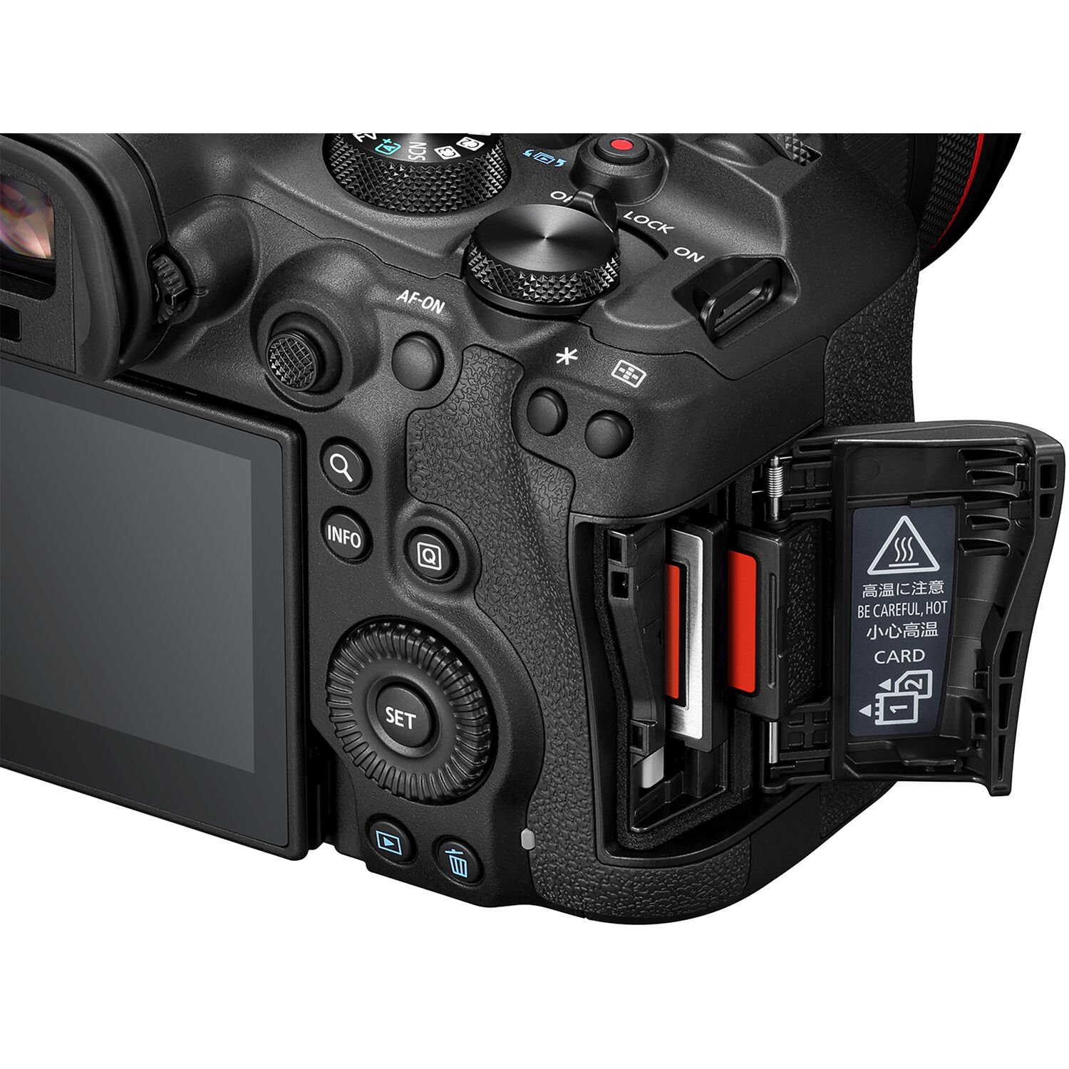 Open memory card door on the Canon EOS R6 Mark III Mirrorless Camera revealing its card slots