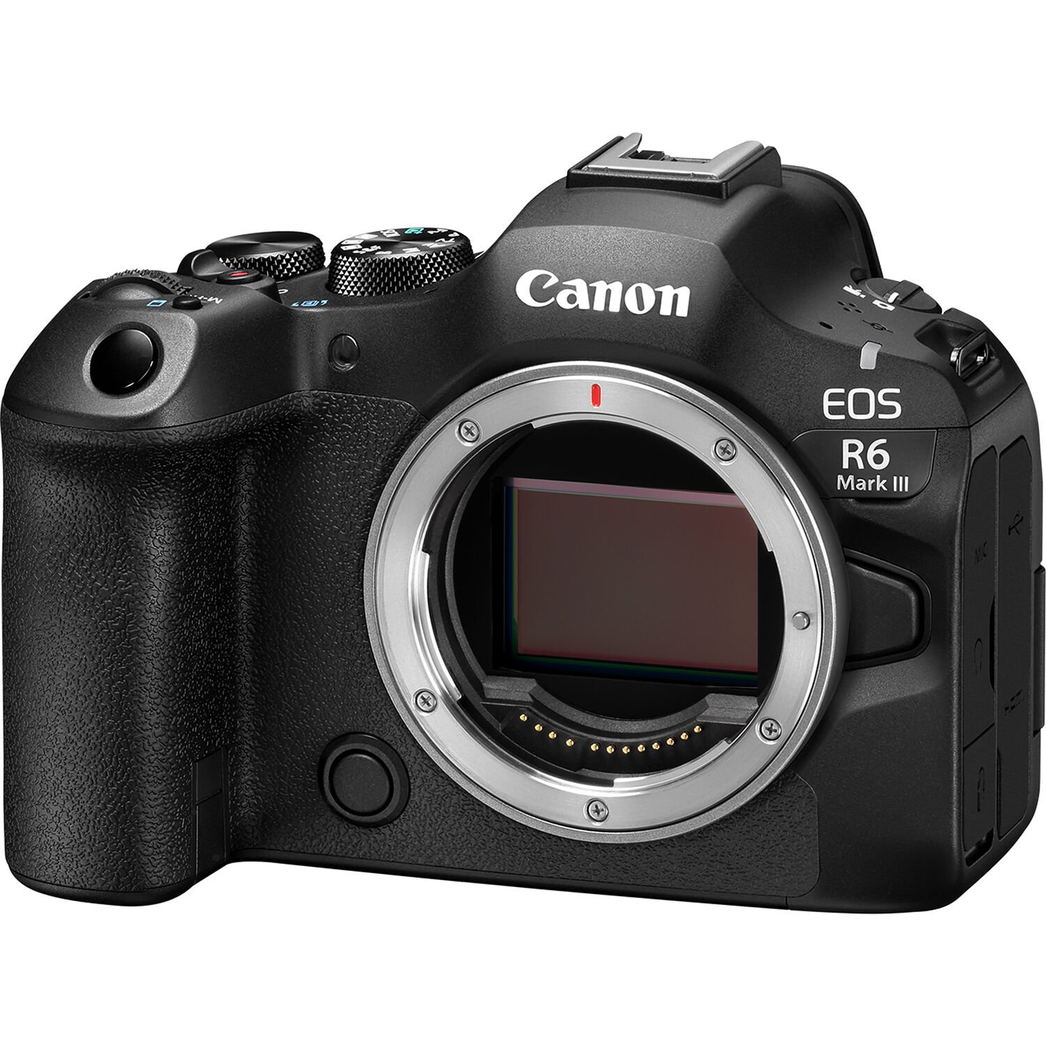 Straight-on front view of the Canon EOS R6 Mark III Mirrorless Camera with the lens mount and grip visible
