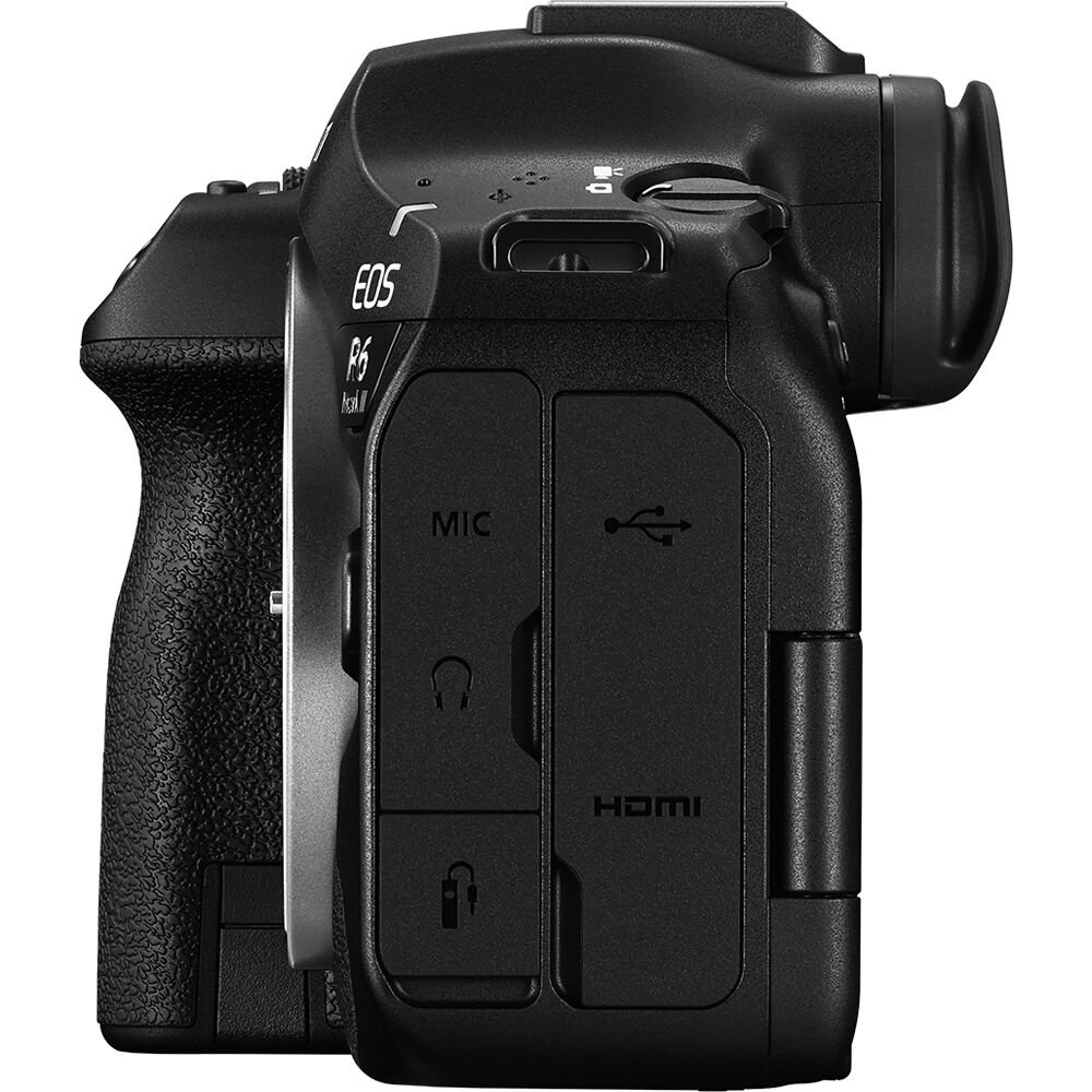 Side terminals on the Canon EOS R6 Mark III Mirrorless Camera including HDMI, USB-C and audio jacks