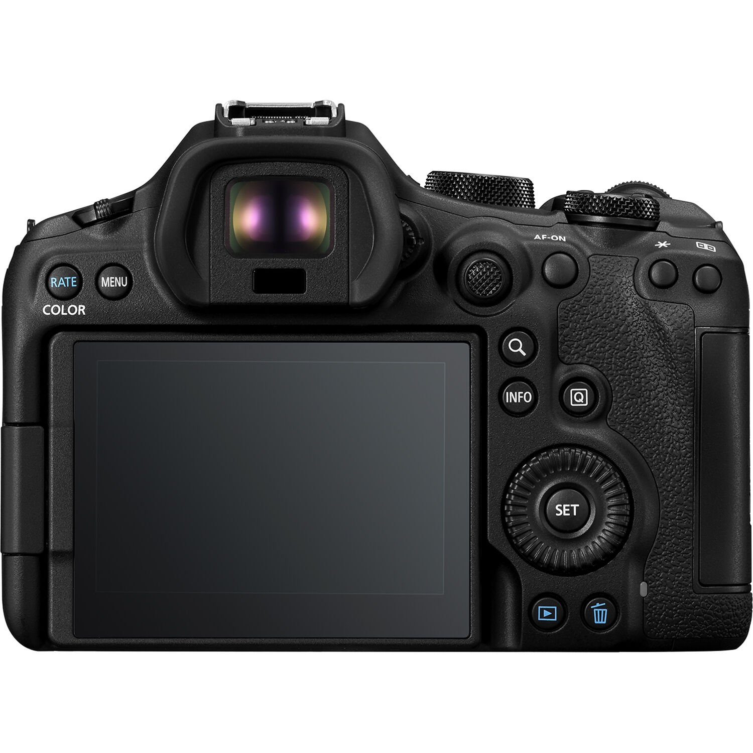 Back of the Canon EOS R6 Mark III Mirrorless Camera showing the touchscreen, viewfinder eyecup and rear buttons