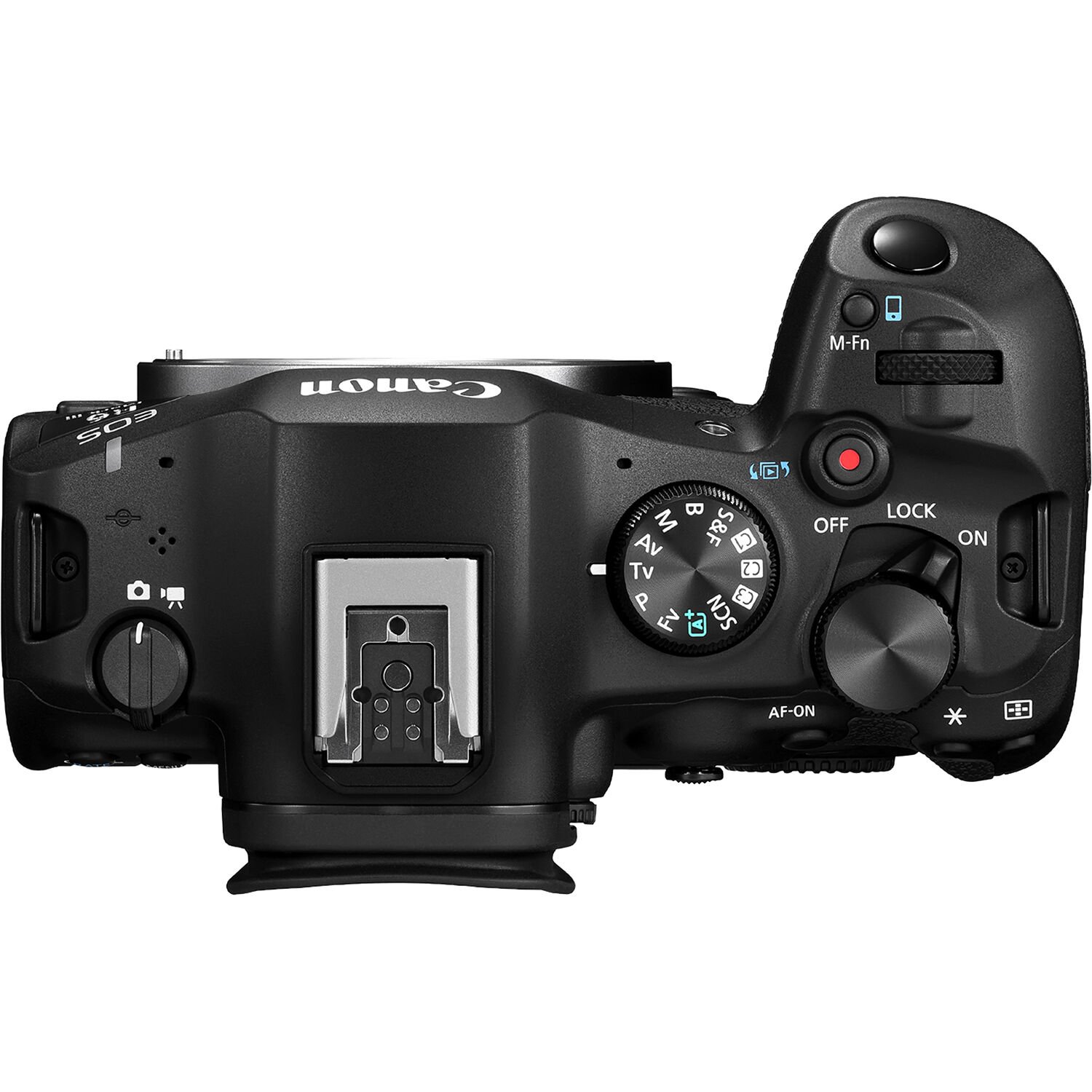 Top plate of the Canon EOS R6 Mark III Mirrorless Camera with its mode dial, shutter button and control dials