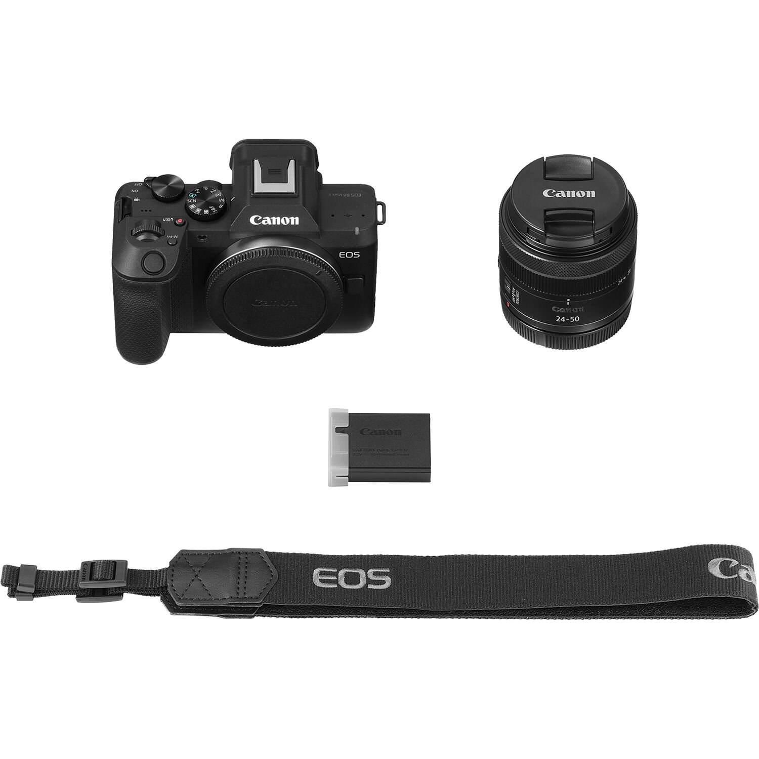 Everything supplied in the box with the Canon EOS R8 Mark II Mirrorless Camera with RF 24-50mm Lens, laid out flat