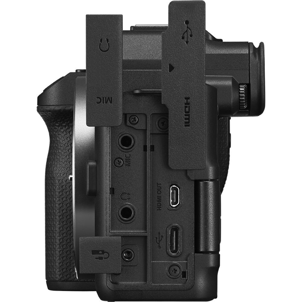 Close-up of the side ports on the camera body from the Canon EOS R8 Mark II Mirrorless Camera with RF 24-50mm Lens