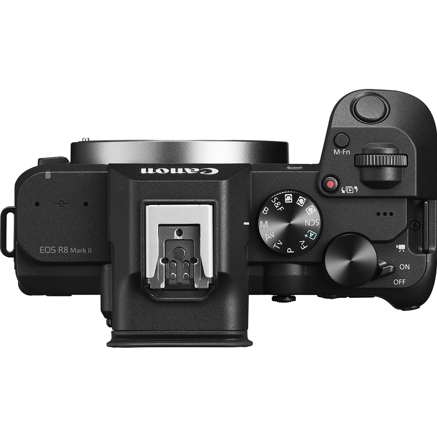 Top-down view of the dials and shutter release on the Canon EOS R8 Mark II Mirrorless Camera