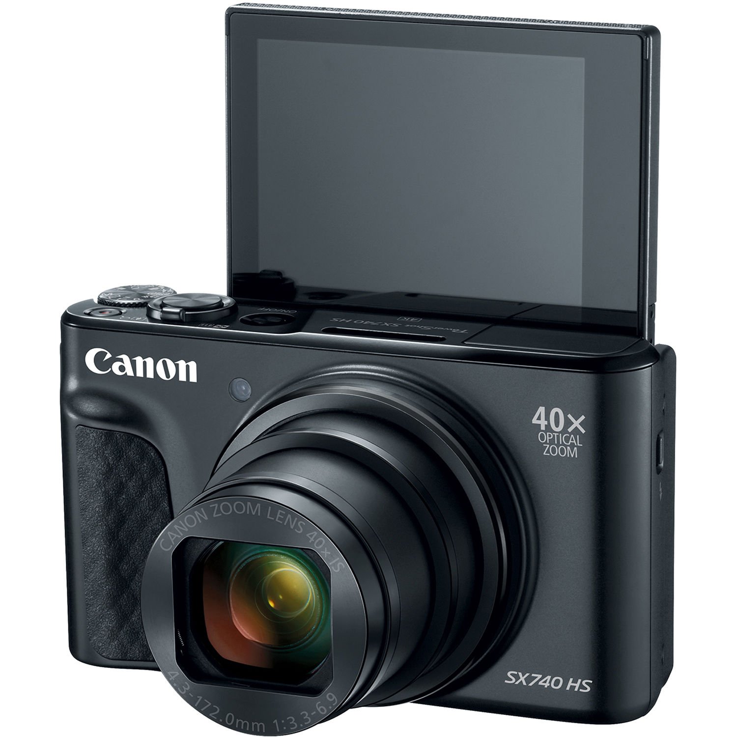Screen flipped forward on the Canon PowerShot SX740 HS Digital Camera (Black) for self-recording