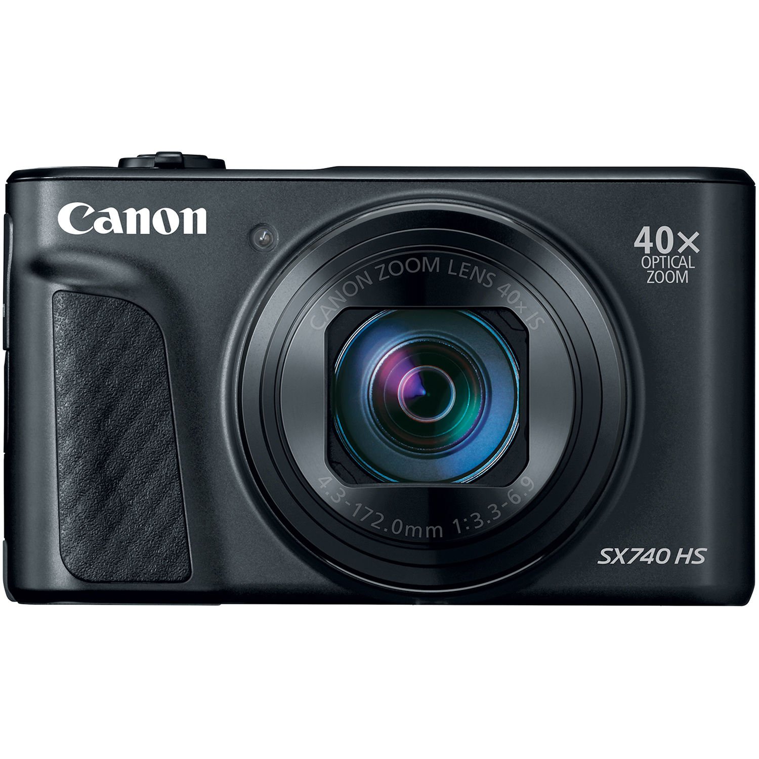 Front of the Canon PowerShot SX740 HS Digital Camera (Black) with the lens retracted