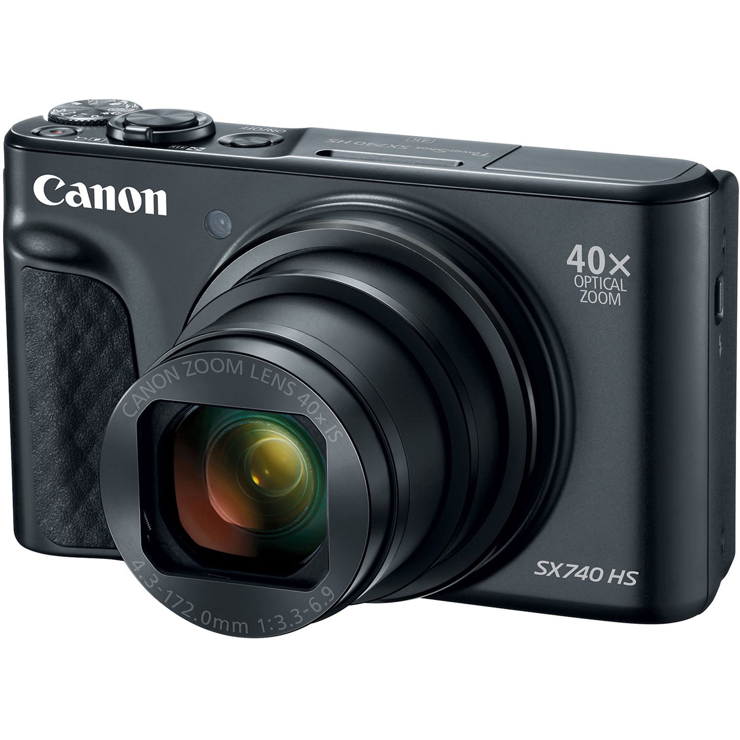 The Canon PowerShot SX740 HS Digital Camera (Black) compact camera from the front, available in Lebanon