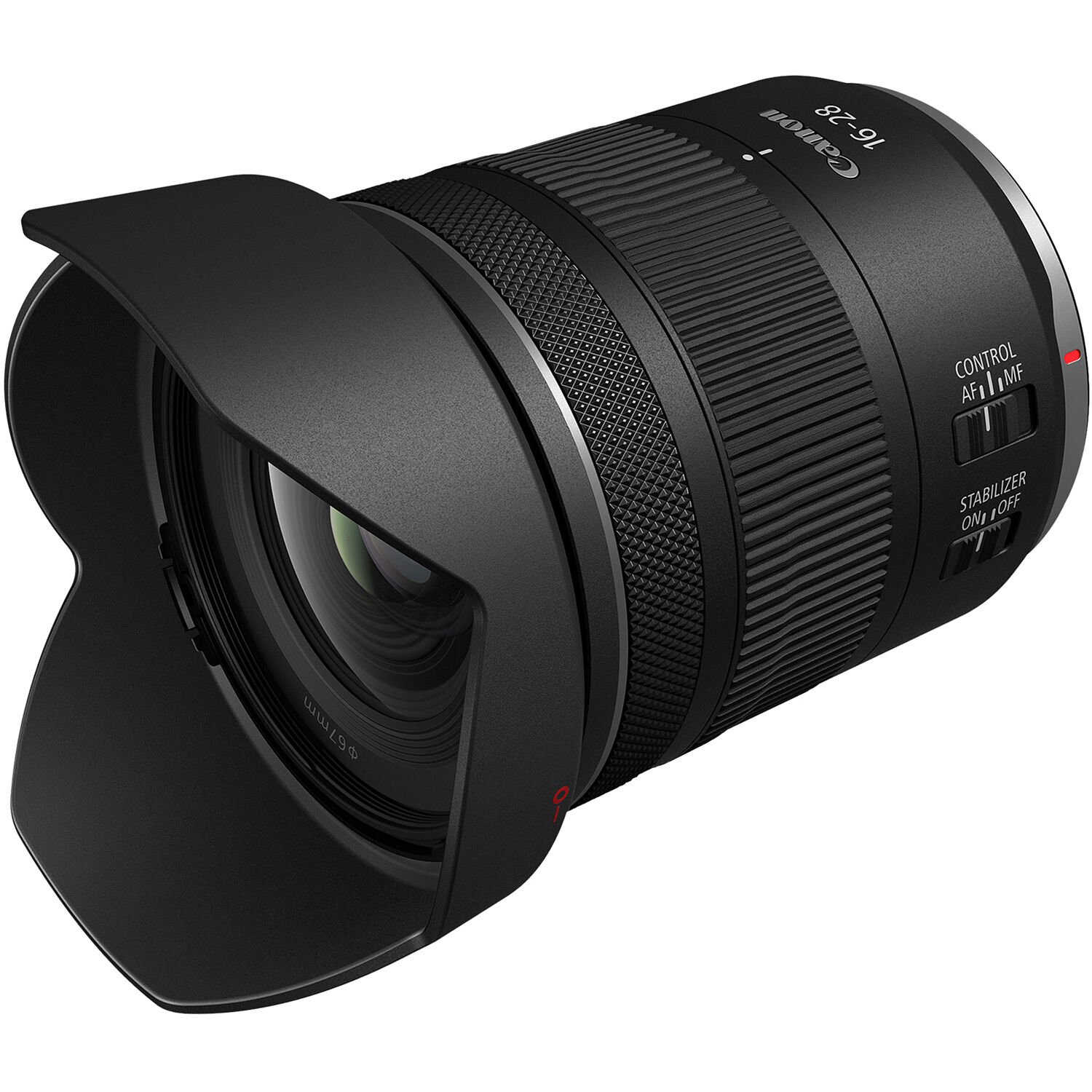The Canon RF 16-28mm f/2.8 IS STM Lens fitted with its lens hood