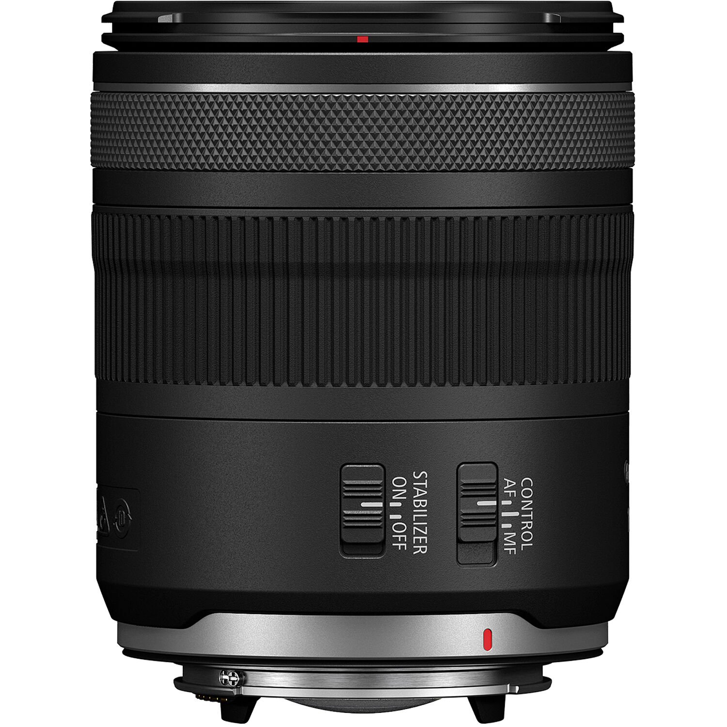Focus and stabilizer switches on the barrel of the Canon RF 16-28mm f/2.8 IS STM Lens