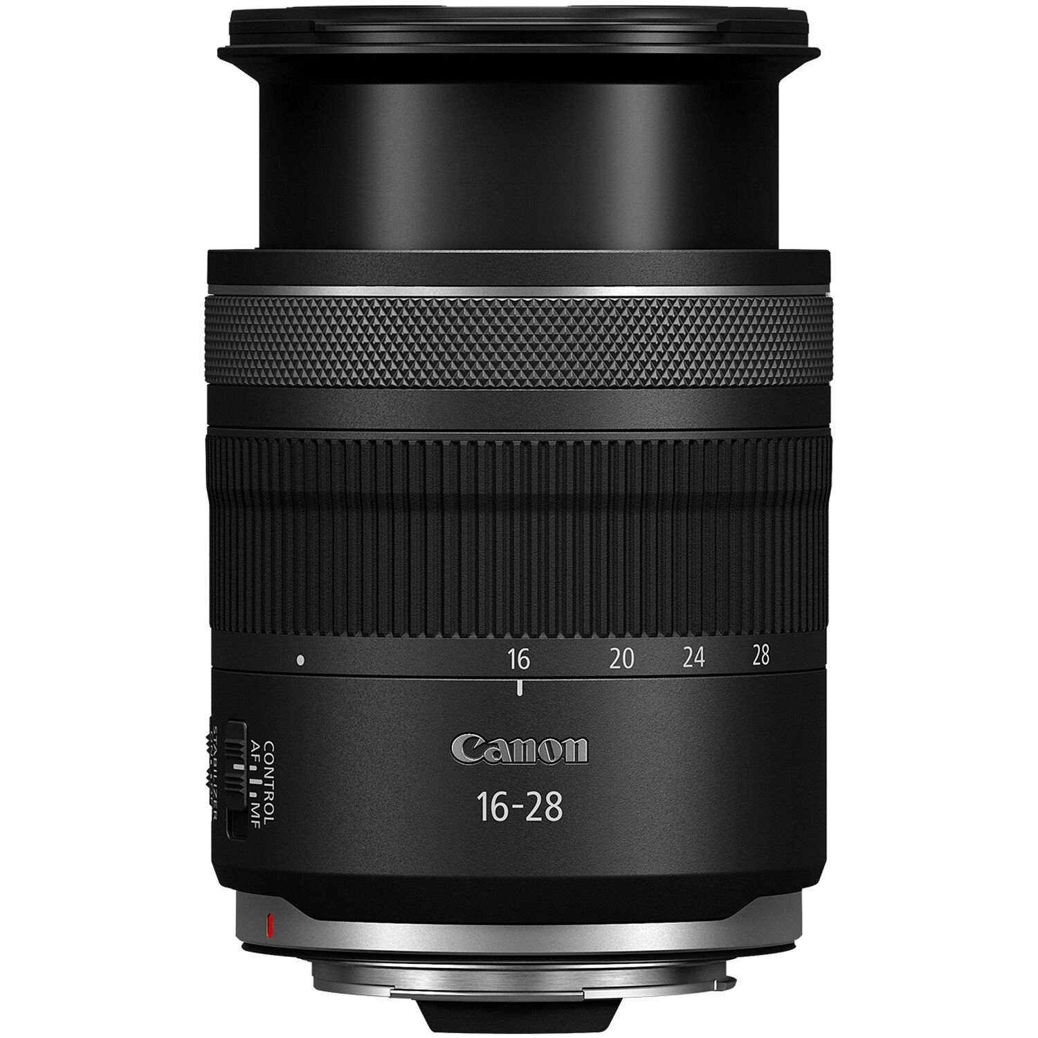 Close-up of the zoom ring and markings on the Canon RF 16-28mm f/2.8 IS STM Lens