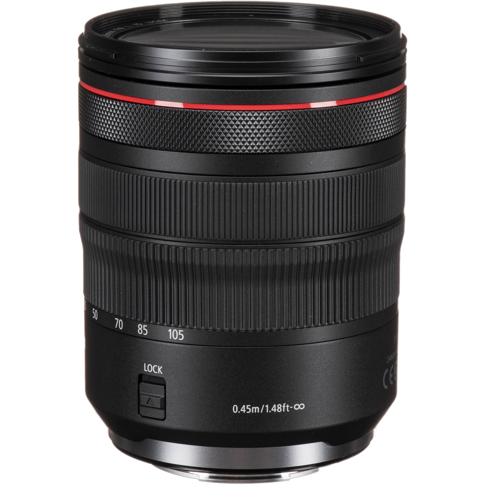 Focus and stabilizer switches on the barrel of the Canon RF 24-105mm f/4L IS USM Lens