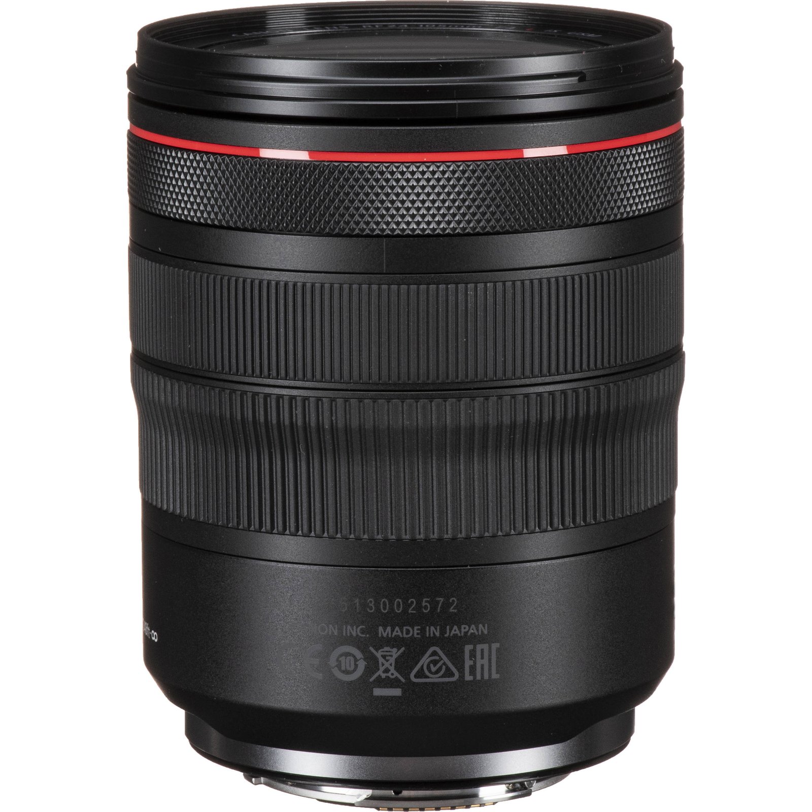 Close-up of the zoom ring and markings on the Canon RF 24-105mm f/4L IS USM Lens