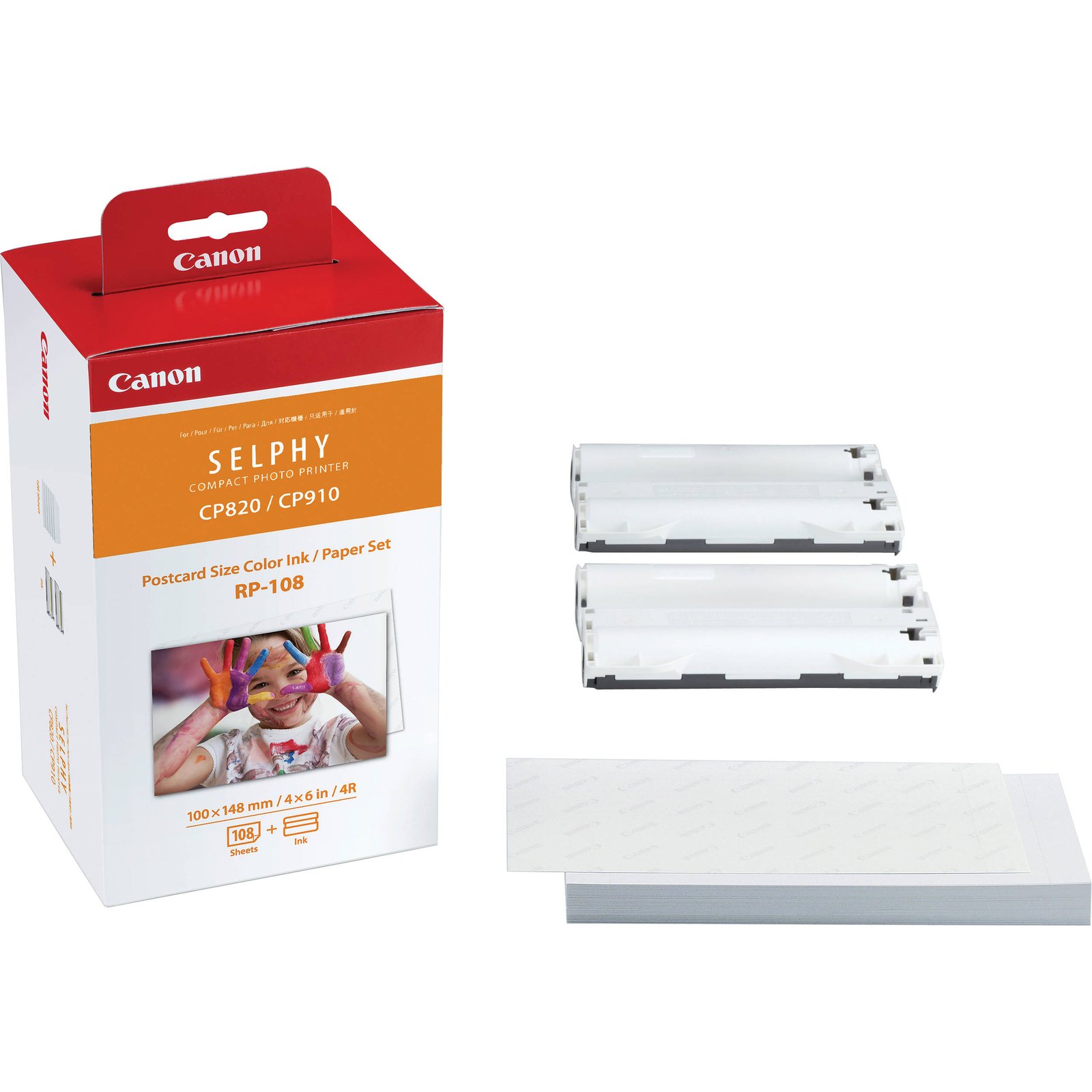 Paper packs and ink cassettes from the Canon RP-108 Color Ink and Paper Set laid out in Beirut