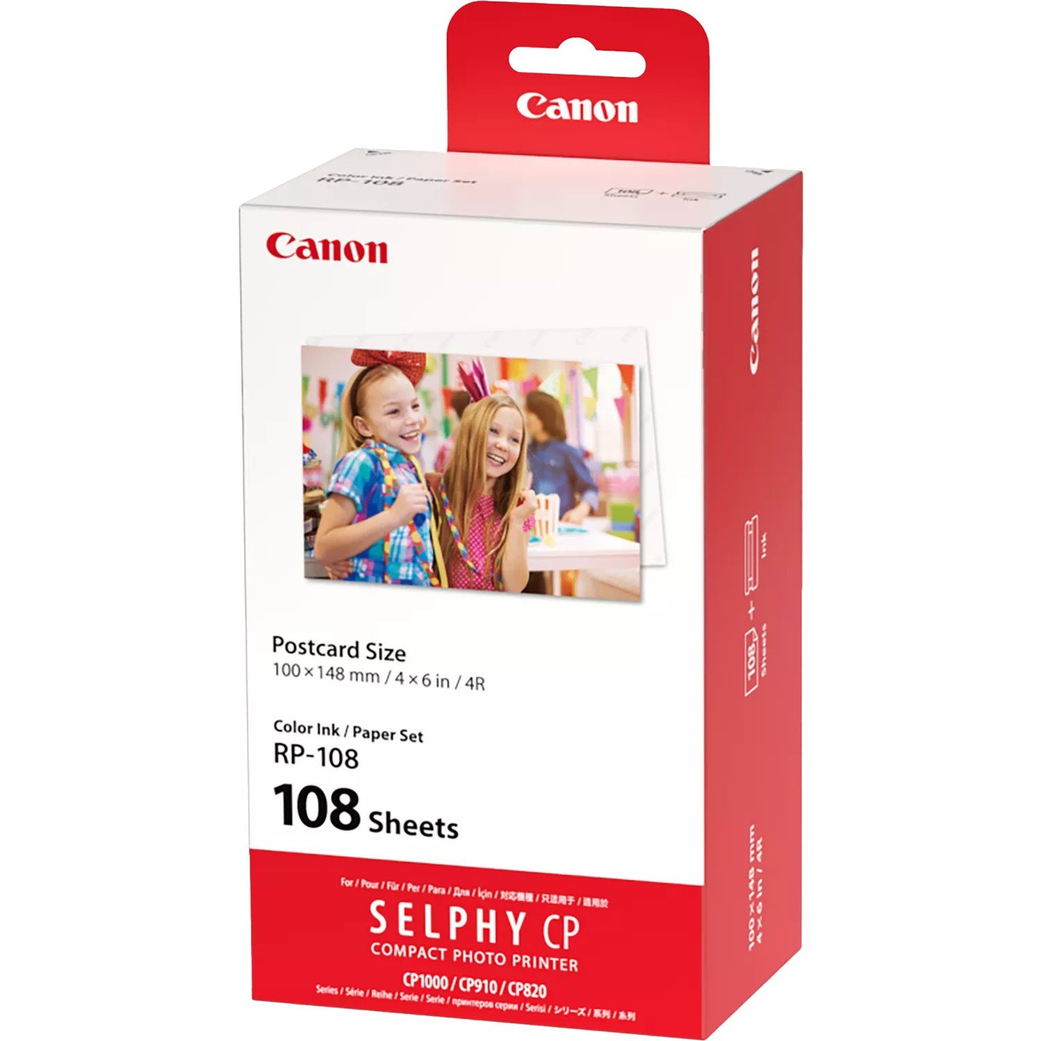 Paper packs and ink cassettes from the Canon RP-108 Color Ink and Paper Set laid out in Beirut