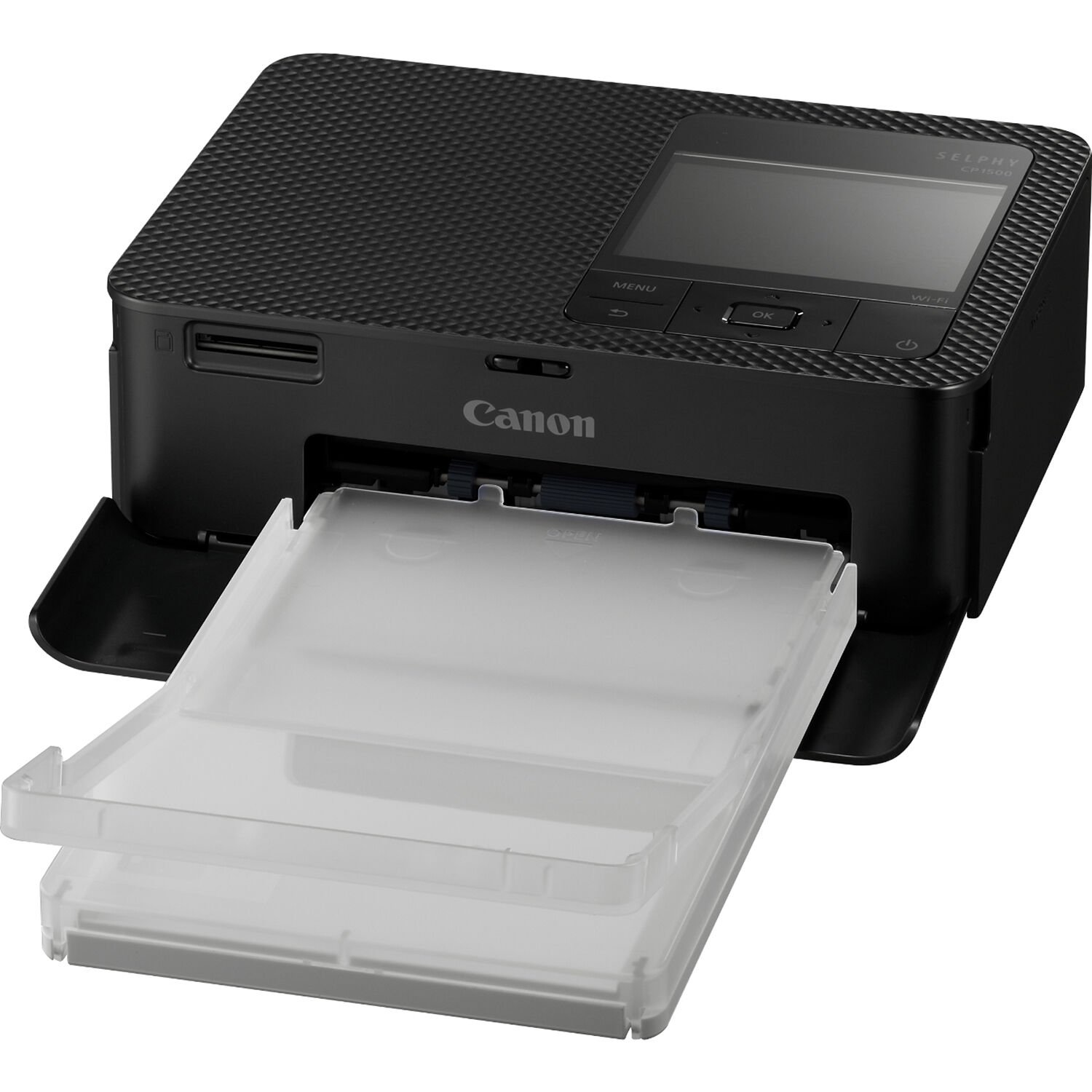 Front of the Canon SELPHY CP1500 Compact Photo Printer (Black) with the paper cassette slot