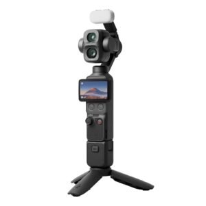 The complete DJI Osmo Pocket 4P Vlog Combo setup resting on its mini tripod in Lebanon.